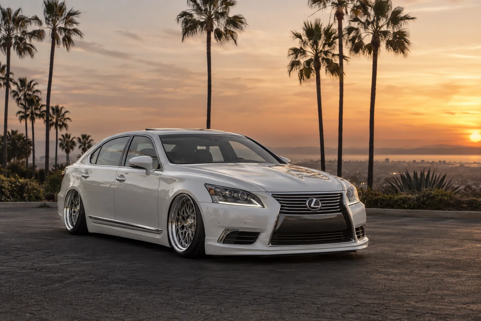 Illustration of a pearl-white VIP-inspired luxury sedan on a palm-lined Southern California street