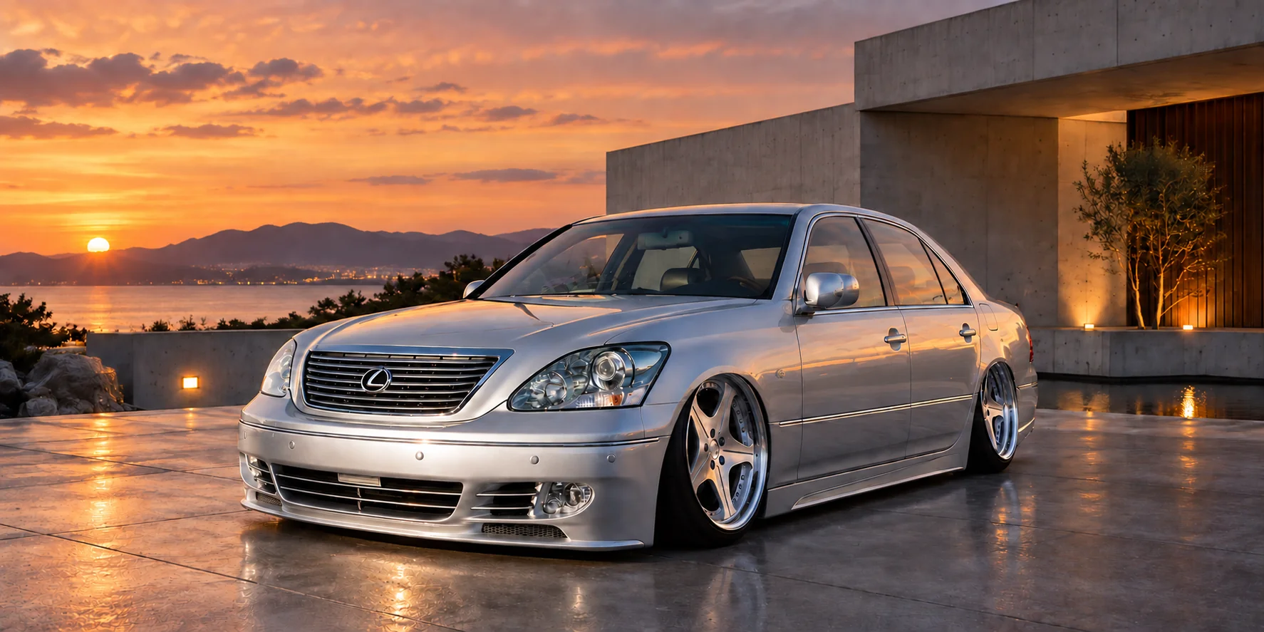 AI illustration based on the supplied silver Lexus LS430 photograph, with polished five-spoke wheels outside Japanese concrete architecture at dusk